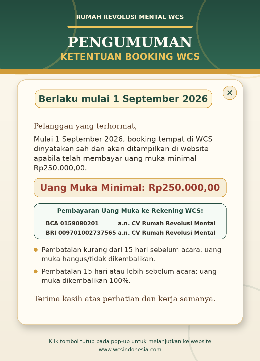 Pengumuman ketentuan booking WCS mulai 1 September 2026